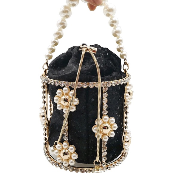 Fashion Nova Handbags - Gold Cylinder Bucket Pearl Embellished Date Clutch
